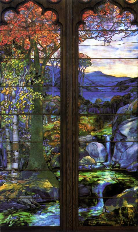 Morse-Gallery-Tiffany : Paysage d'automne
                      (detail)Tiffany Studios, New York City,