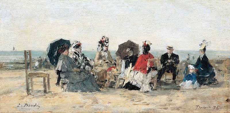 "Collation sur la plage en compagnie du peintre
          Mettling ou La Conversation, plage de Trouville", par
          Eugène BOUDIN (1876)