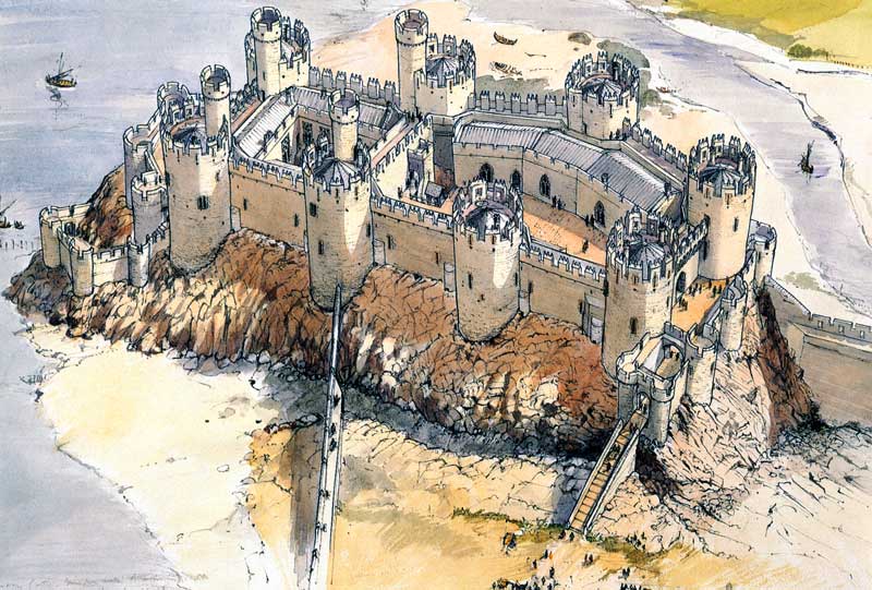 Restitution du château médiéval au temps de sa
                    construction par Edward 1er