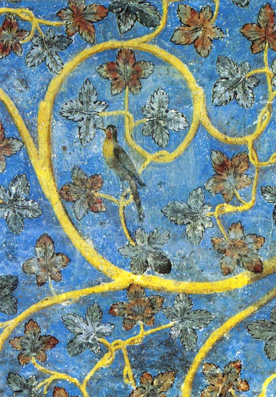 Fresque
                  d'oiseaux dans l'entrelacs de branchages sur les murs
                  de la chambre papale