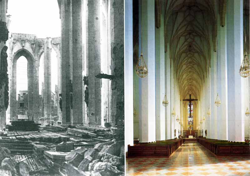 München : la nef de Frauenkirche en 1945 et
                maintenant