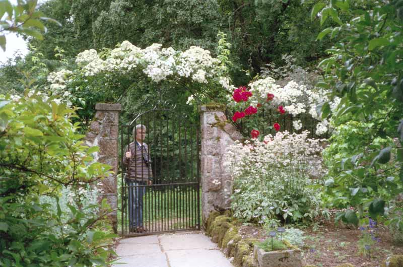 Crathes Castle : Jean-Paul à la grille du jardin
                clos