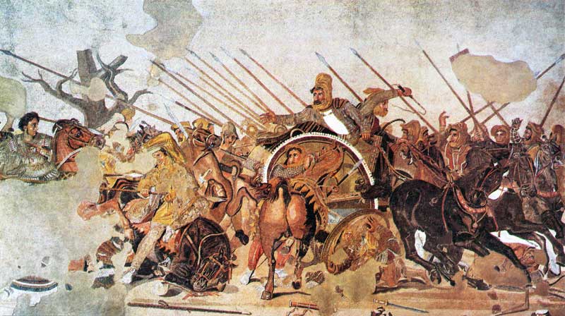 La bataille d'Issos entre Alexandre et Darius, grande
              mosaïque provenant de la Maison du Faune à Pompéï