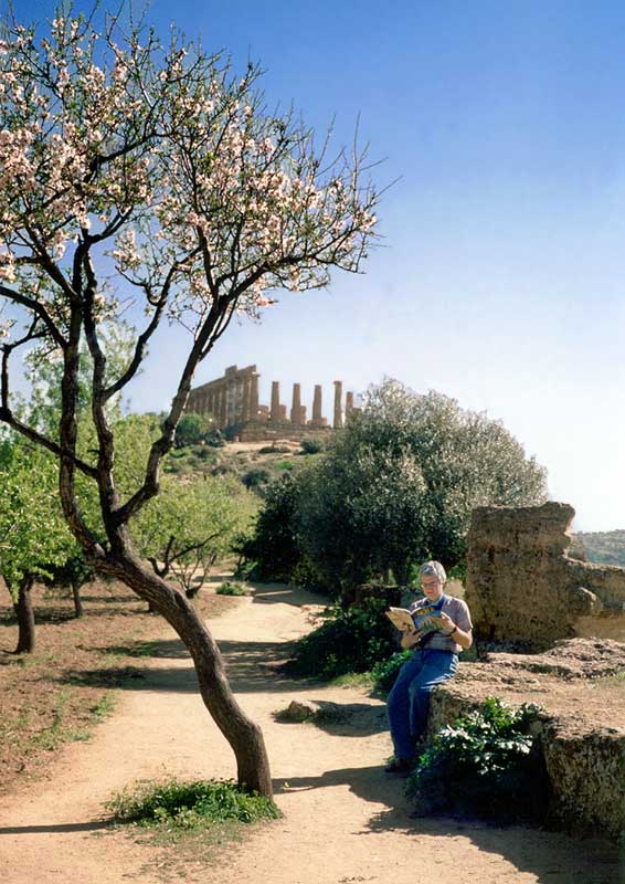 Agrigento : Jean-Paul consulte le Guide vert
                      sur le chemin fleuri menant au temple de Junon
                      Lacinienne
