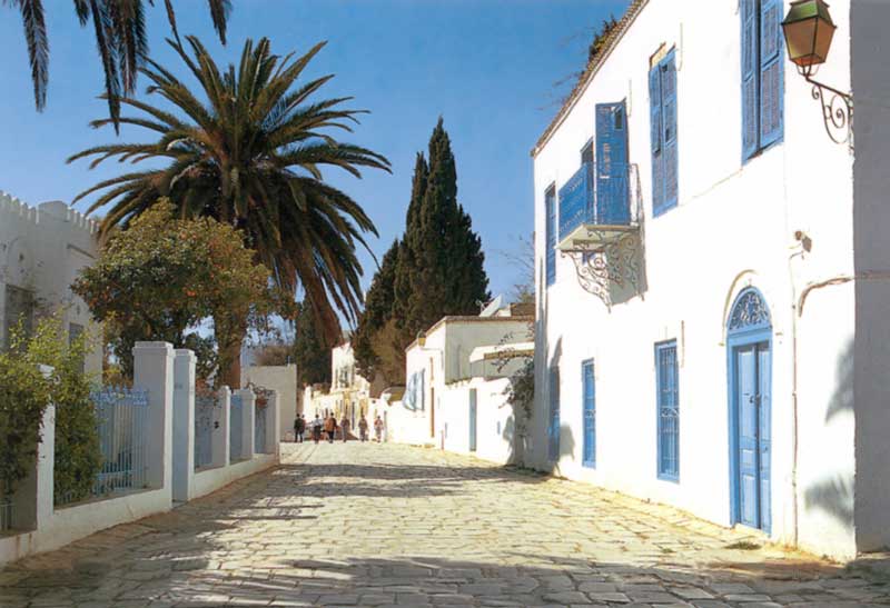 Sidi Bou
                Saïd : une rue écrasée de soleil, avec ses façades
                blanches aux ouvertures bleues