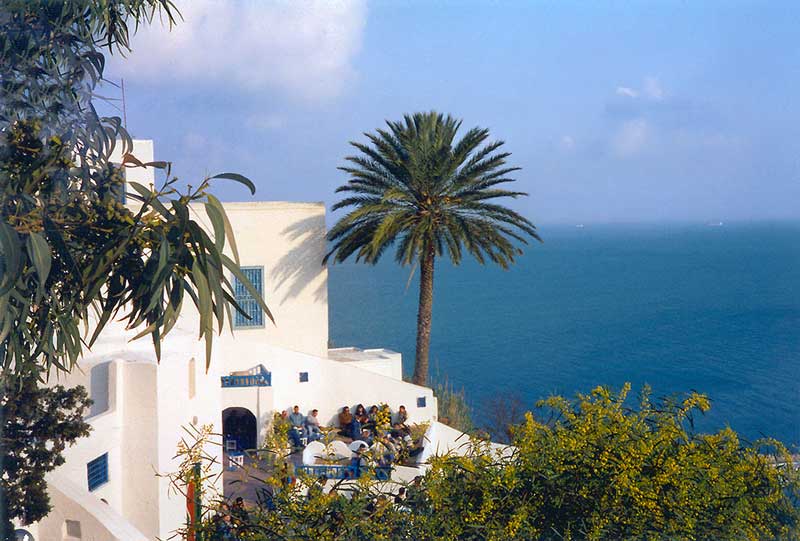 Sidi Bou Saïd : terrasse d'un café donnant sur la
                baie de Tunis