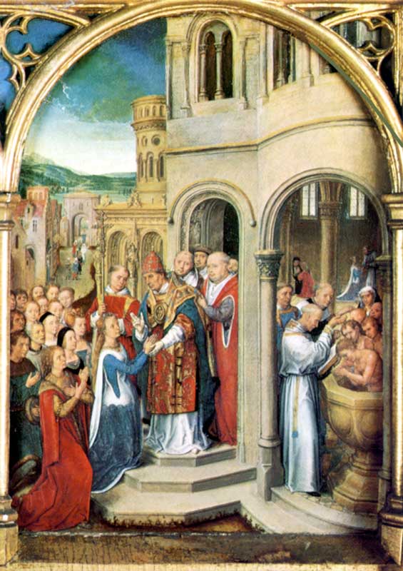 Châsse de Sainte Ursule : Sainte Ursule reçue par le
              Pape, par Jans Memling