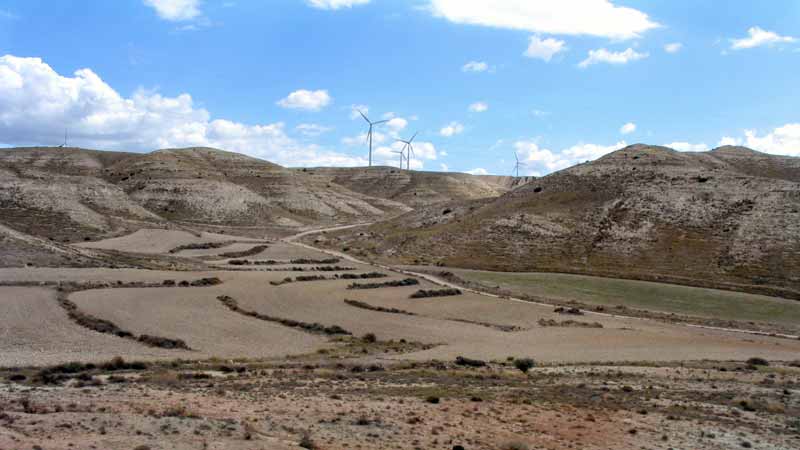 La Mancha nettement plus aride et ses moulins à vent
              (modernes éoliennes)