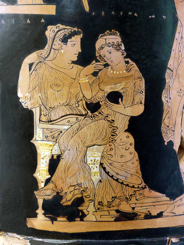 kalyx-cratère apulien à figure rouge
                        Hélène jeune sur les genoux de sa mère Léda
                        - autour de 400 av. JC
