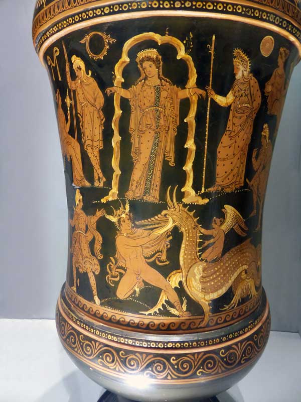 Loutrophoros apulien à figures rouges : Persée
                    tue le monstre marin envoyé par
                    Poseidon-pour-devorer- Andromède attachee au rocher
                    en attendant d'être sauvée par le-héro (340-330 av.
                    J-C).