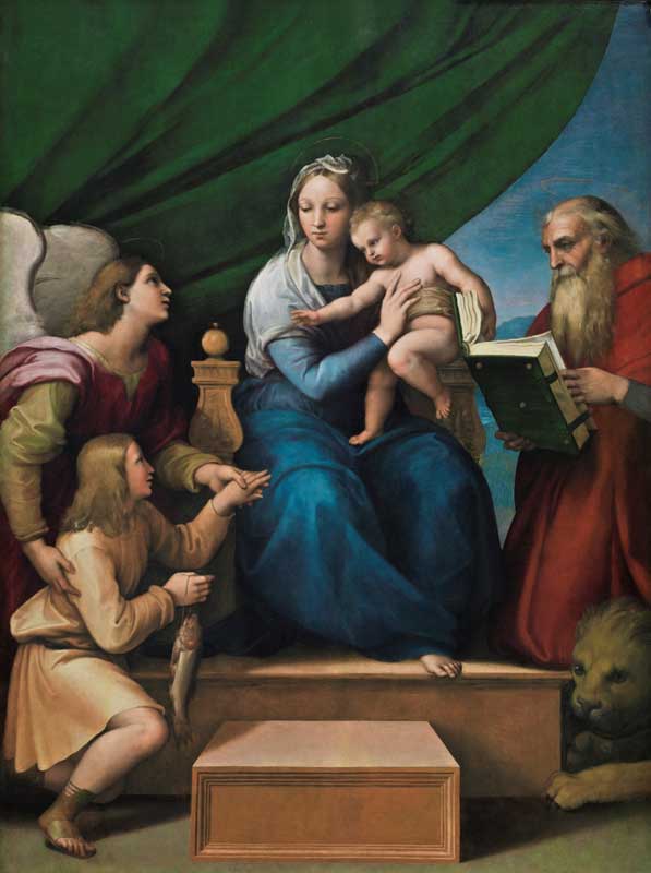 Sacra Famiglia con Rafael, Tobia e San Girolamo,
                  o Vergine del pesce par Raffaello Sanzio (1514