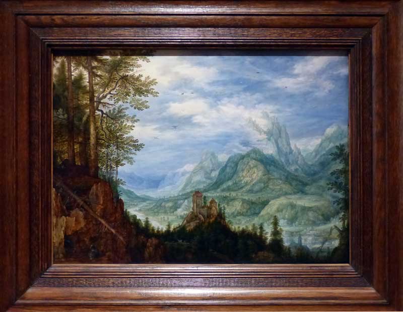 Paysage de montagne avec château, par Roelandt
                  Savery (1609)