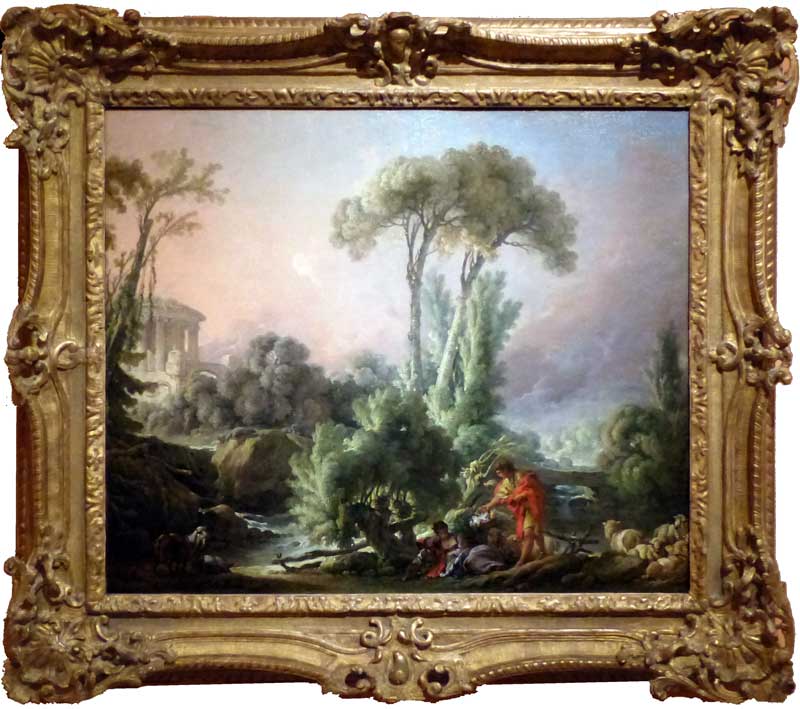 Paysage de rivière avec un temple antique, par
                  François Boucher (1762)