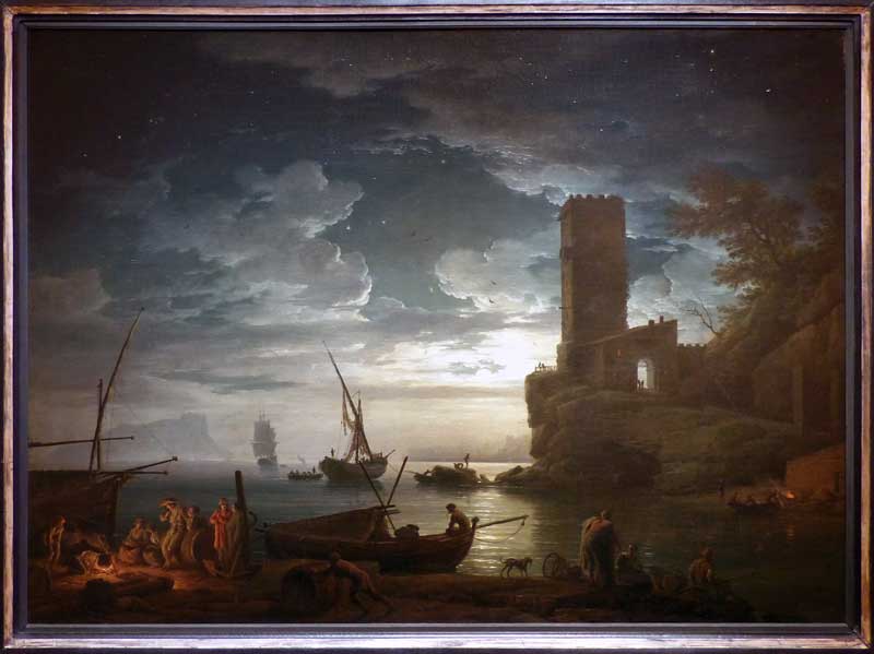 Nuit - Scène de la côte méditerranenne avec
            pêcheurs et bateaux, par Claude Joseph Vernet (1753)