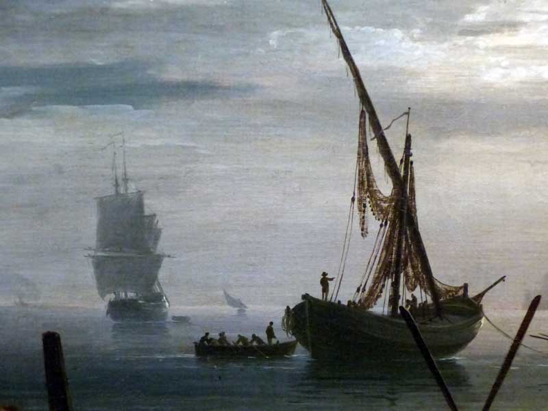 Nuit Scène de la côte méditerranéenne avec
                  pêcheurs et bateaux, par Claude Joseph Vernet détail
                  (1753)