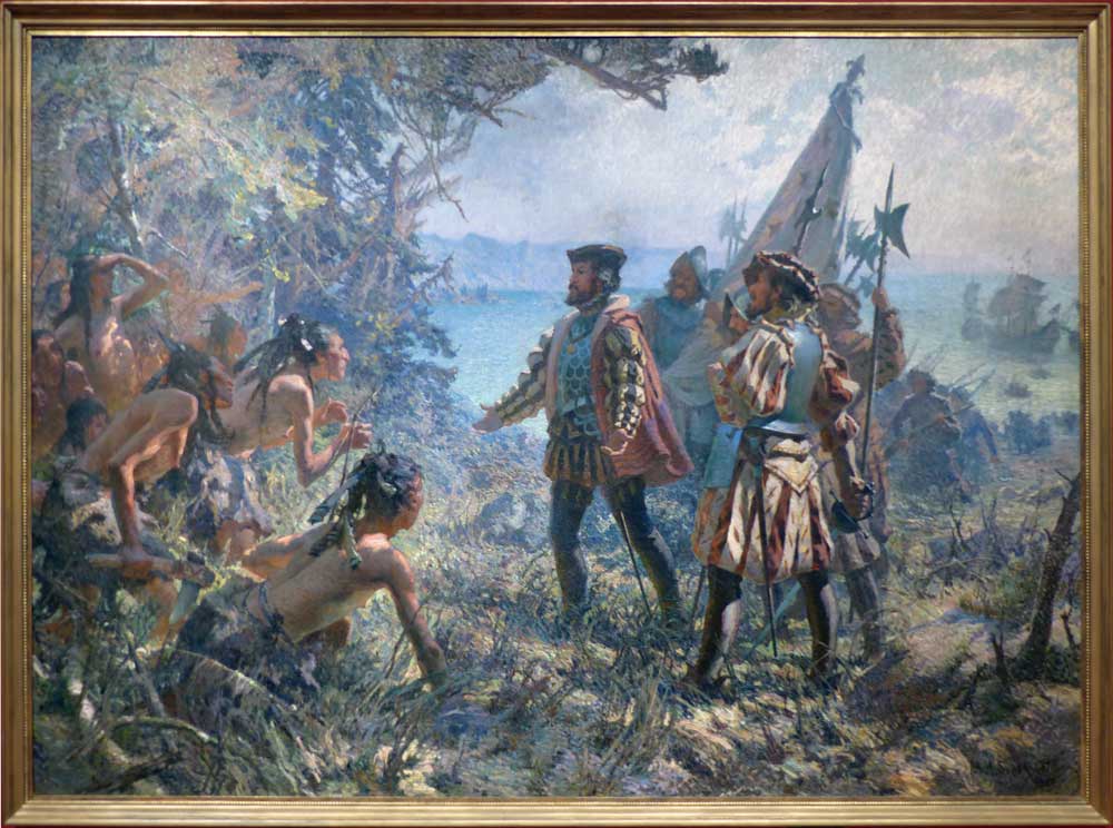 MNBAQ : Jacques Cartier rencontre les
                        Indiens à Stadacone, en 1535, par Marc-Aurèle
                        de-Foy-Suzor-Côté (1907)
